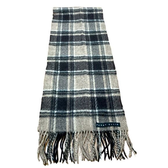 Perry Ellis dark brown and tan plaid wool scarf. - Picture 1 of 6
